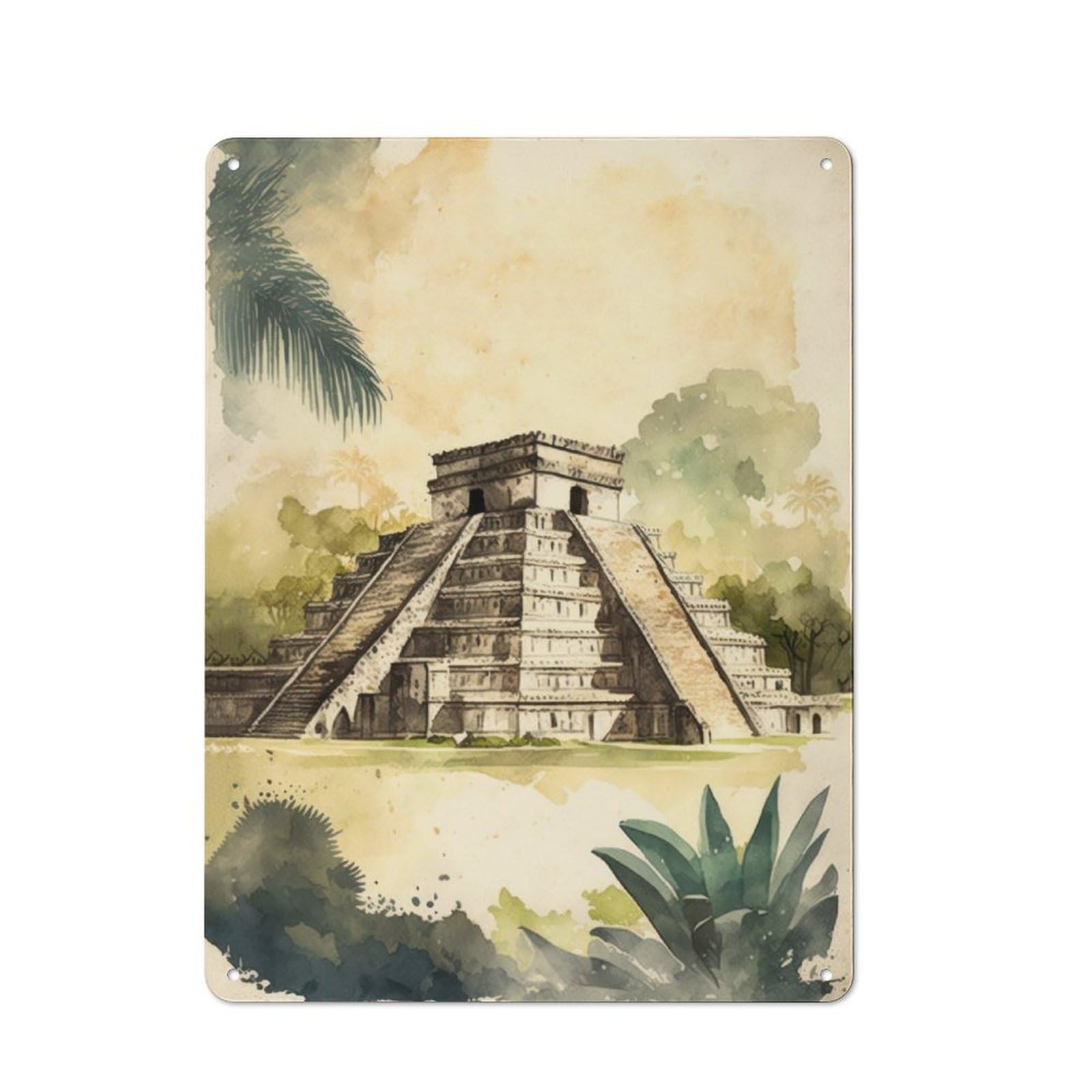 Junmoney Chichen Itza Watercolor Rustic Tin Wall Plaque 40X30cm For Studio Or Craft Room, For Garage, Workshop And Man Cave Decoration