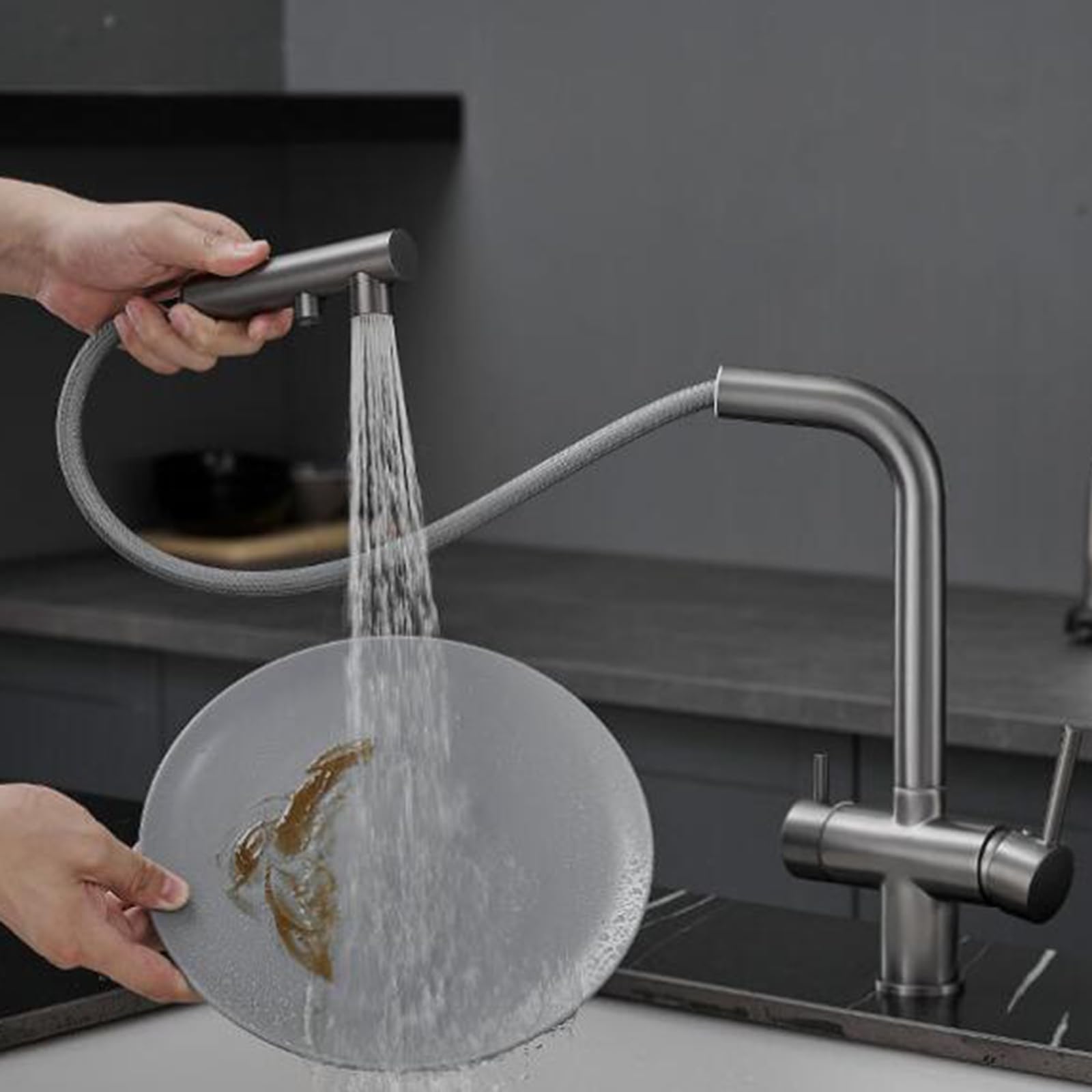ZYCHSJXA Kitchen Tap Pull Out 3 Way Swivel Brass Black, 2 Handles