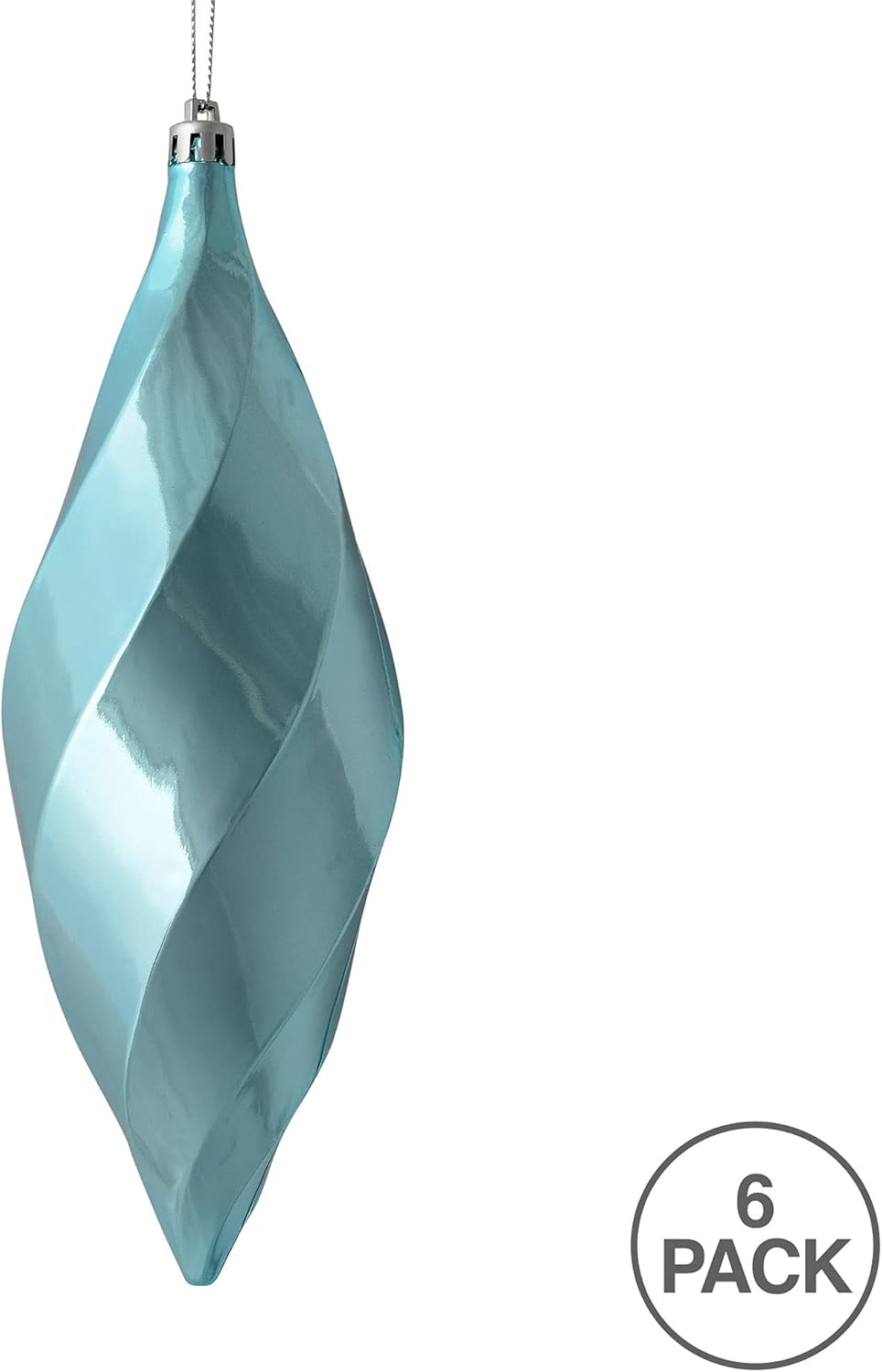Vickerman 8" Shiny Swirl Finial Ornament, Shatterproof Plastic, Holiday Christmas Tree Decoration, 6 Pack, Baby Blue