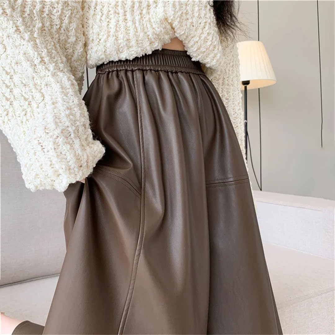Gonne da donna in PU elastico in vita media lunghezza a vita alta vintage casual ombrello A-Line gonne