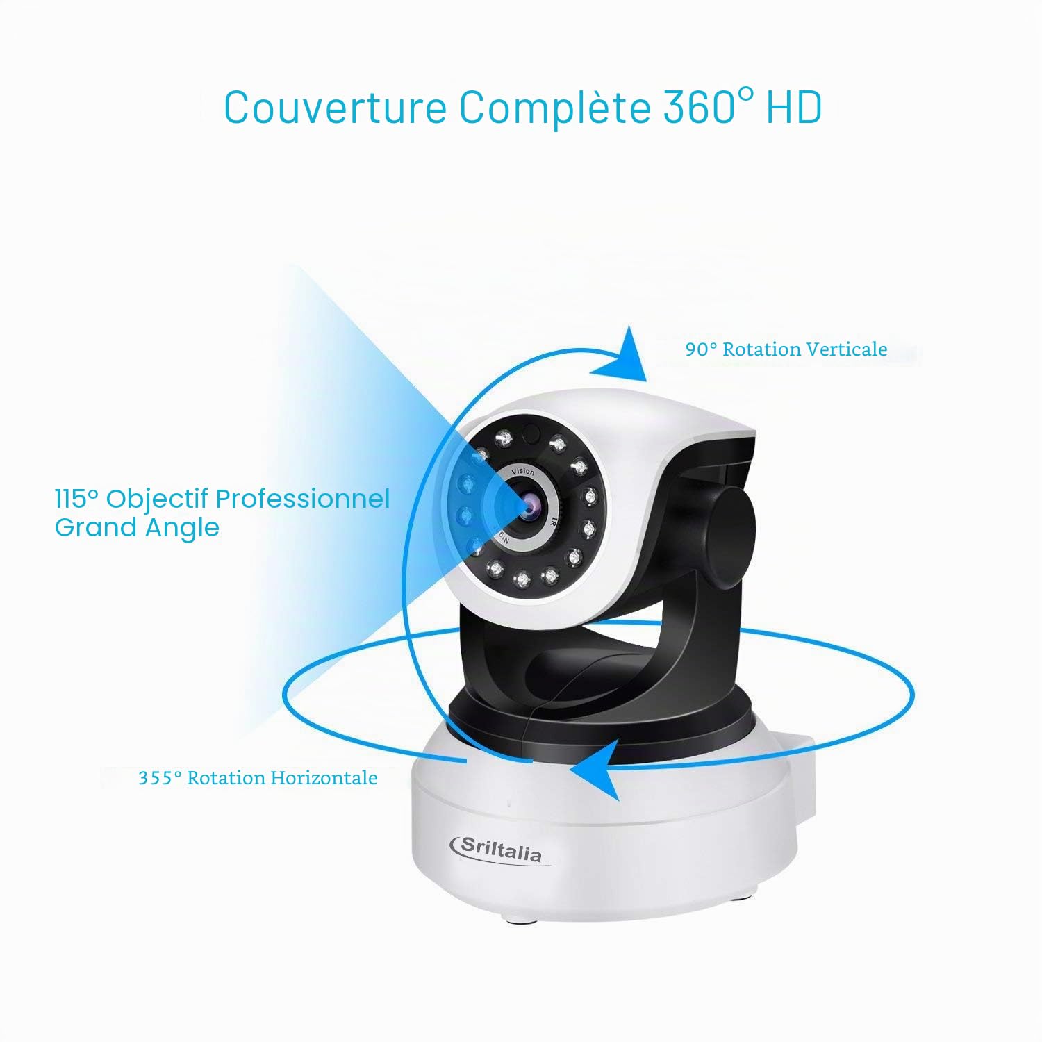 Sricam Italia Caméra IP SP017-S, caméra de surveillance HD, caméra P2P sans fil 3MP, vision nocturne, détection de mouvement, SRIHome
