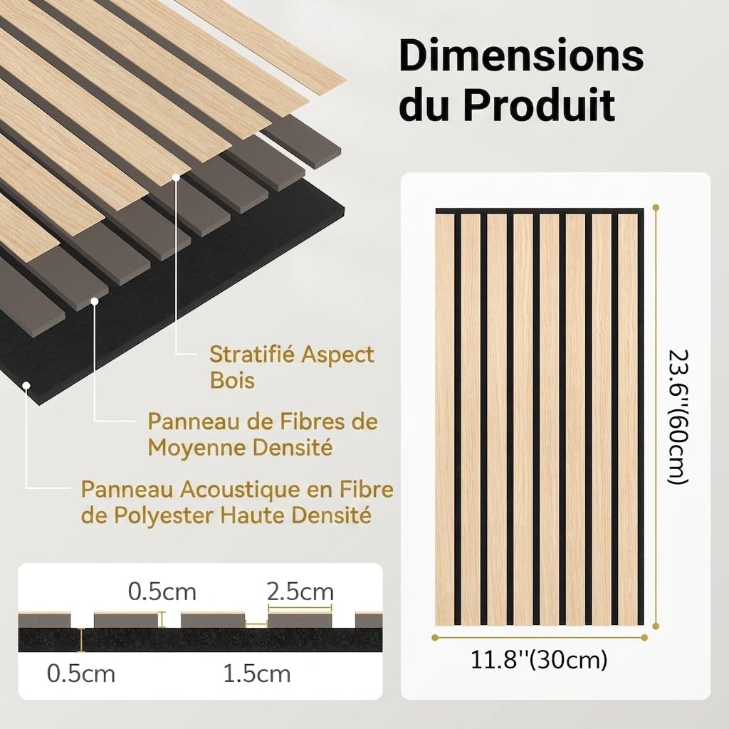 TONOR Lot de 20 Panneau Muraux Decoratif Intérieure de Bois, 60 x 30cm - 3,6m², Panneaux Acoustiques 3D, Tasseau Bois Insonorisants pour Decoration Murale, Salon, Chambre, Bureau, Chêne