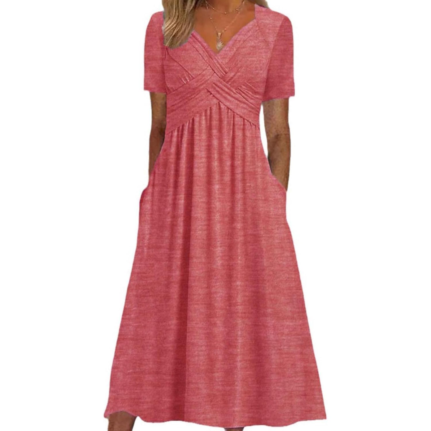 Crisscross Twist Front V Neck Casual Short Sleeve Maxi Dress,Casual Plus Size V-Neck Maxi Dresses,Womens Beach Dresses for Wedding Guest with Pocket (Pinks,5XL)