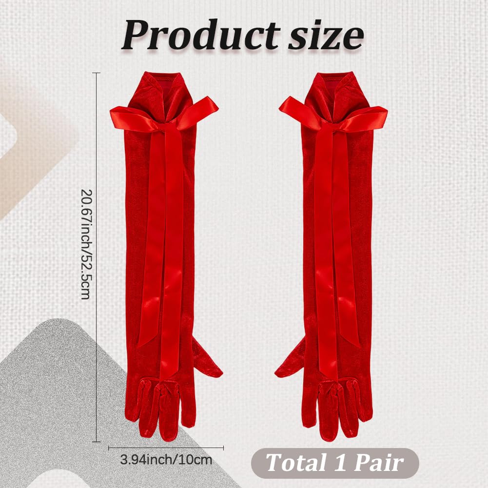 CABODYALS 1 Pair Dark Red Velvet Gloves Long Elbow Length Opera Formal Elegant Gloves 1920s Flapper Gatsby Costume Accessories with Bow Ribbon for Women Wedding Evening Party Dresses Cosplay Christmas - Image 2