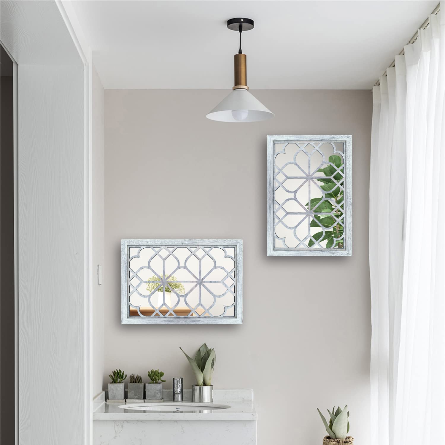 Wocred Set of 2 Rectangular Wall Mirror,Gorgeous Rustic Farmhouse Accent Mirror,Rustic White Color Entry Mirror for Bathroom Renovation,Bedrooms,Living Rooms and More(11�x15�)