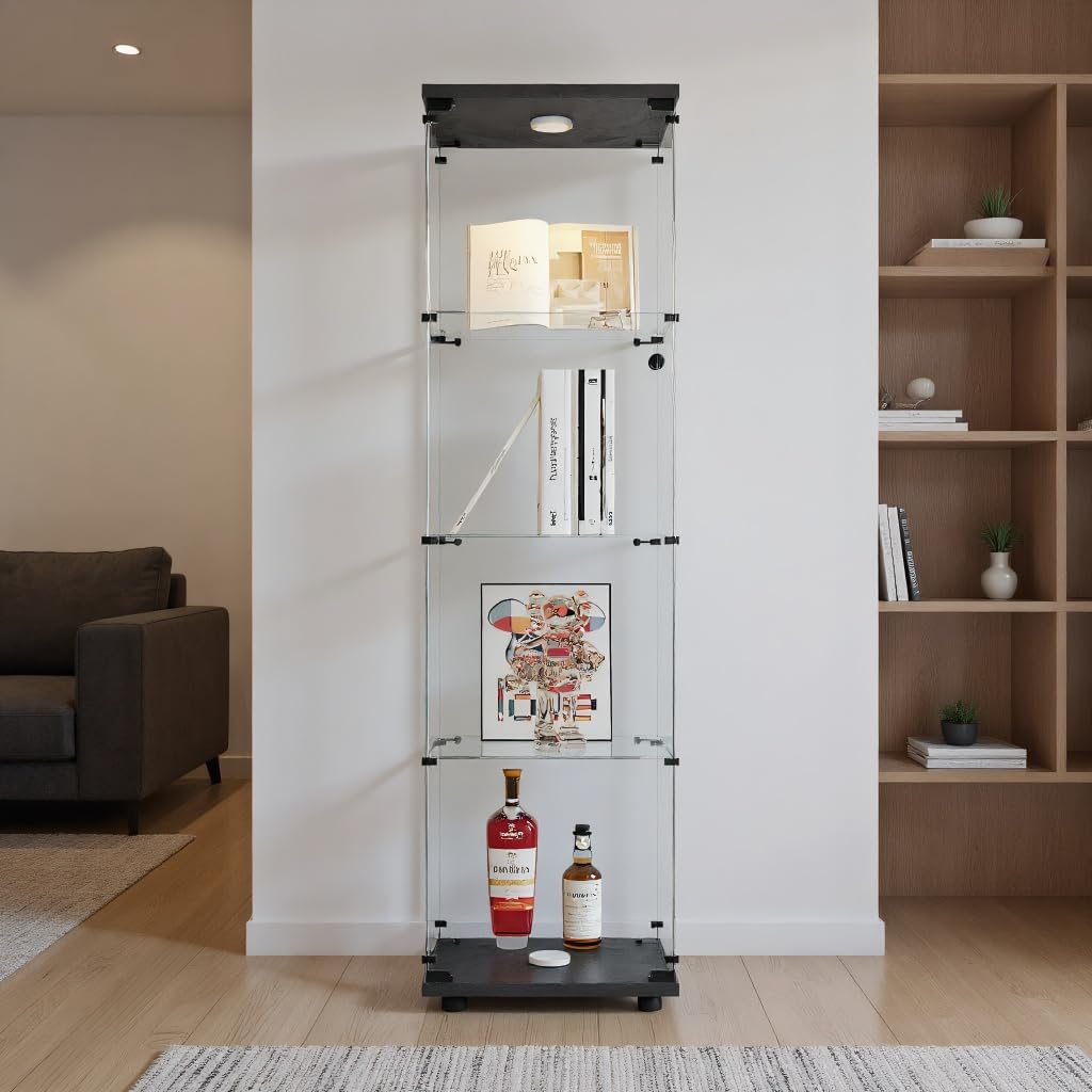 Vetrina LED in vetro con 1 anta - Mobile Collezione 4 ripiani con serratura per bar soggiorno (nero, 1 porta a 4 strati LED)