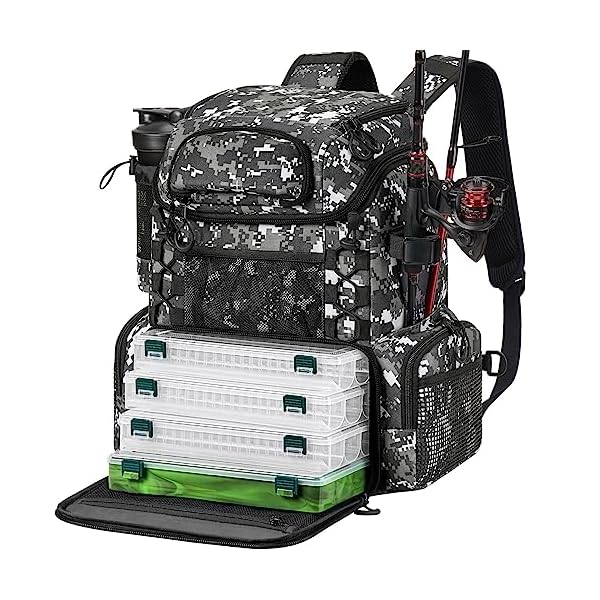 Piscifun Fishing Tackle Backpack with Rod Holders & 4 Tackle Boxes, Outdoor Fishing Bag with Waterproof Rain Cover