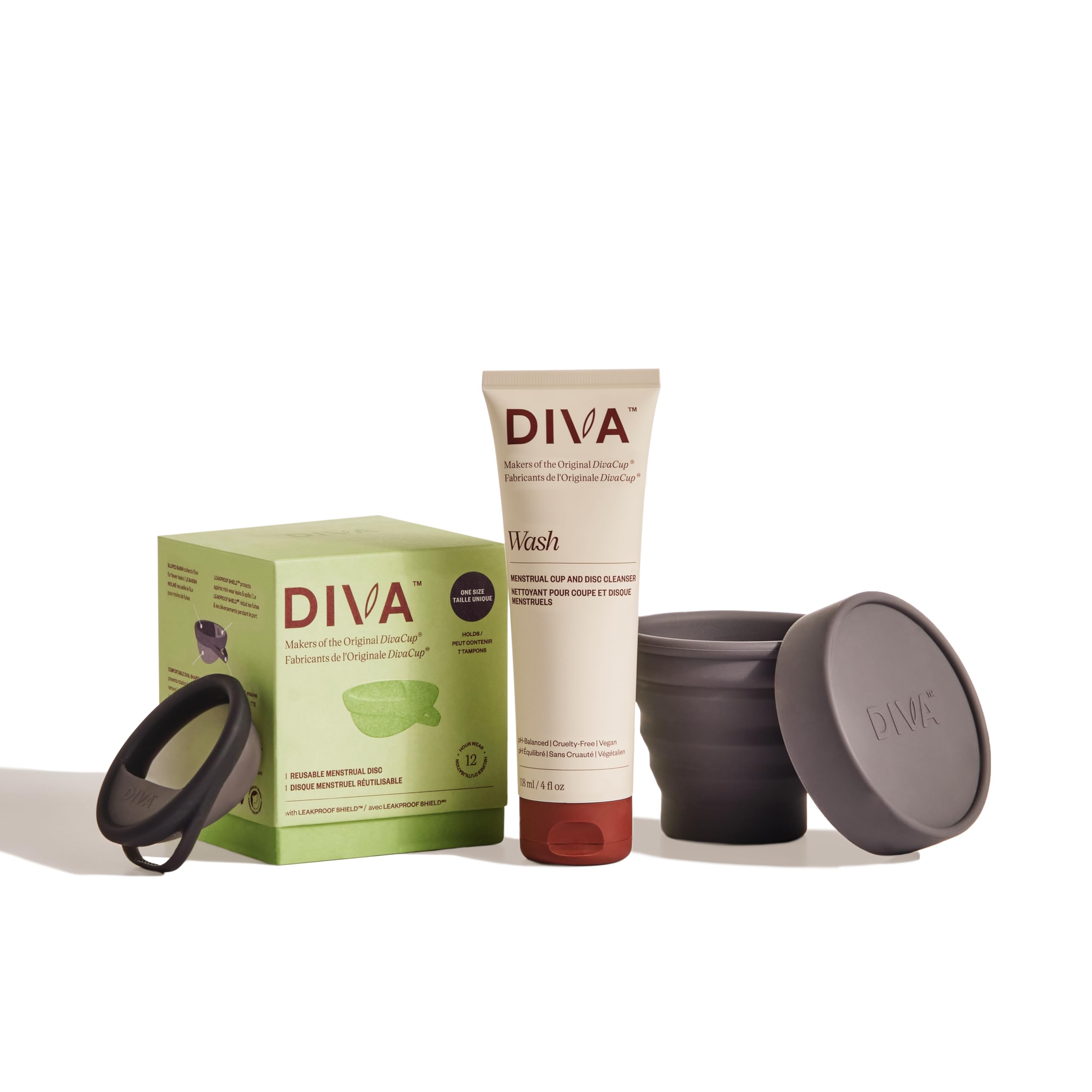 Diva Disc, Wash & Shaker Combo Pack - Comfortable, Reusable Menstrual Disc with Leakproof Shield - with Cleanser - Shaker for On-The-Go Cleansing - Size Fits Most