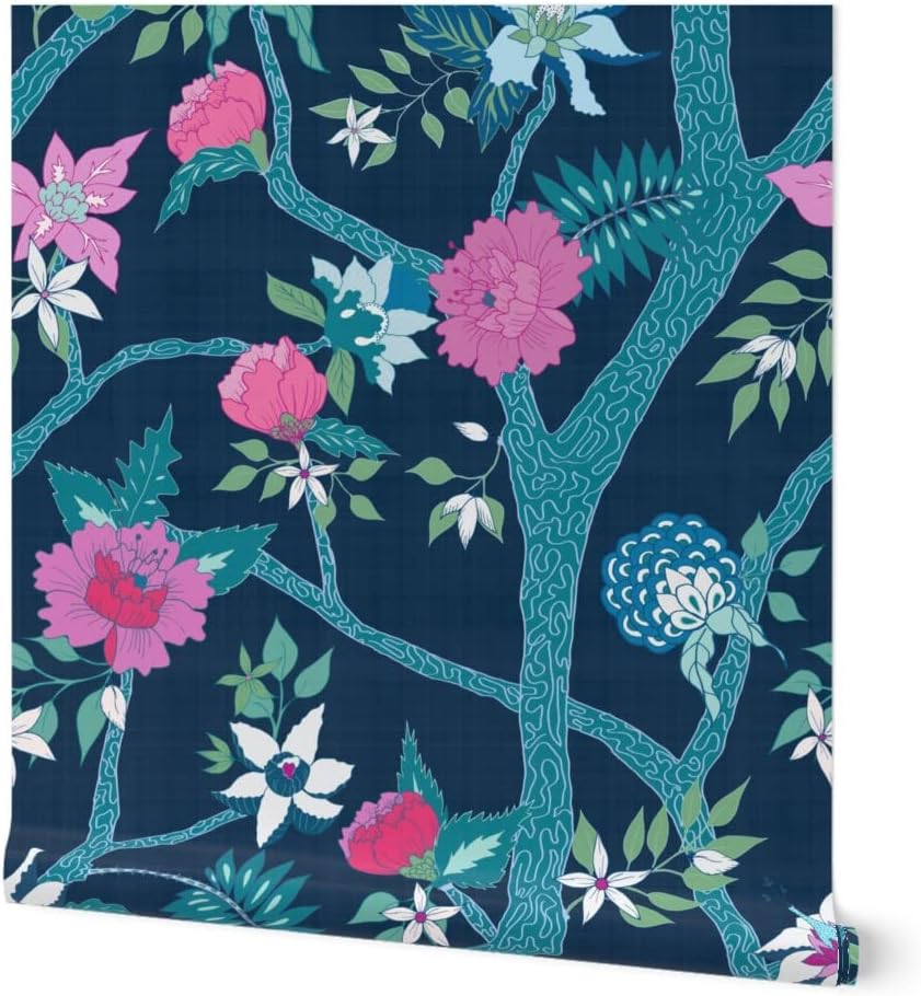 Peel & Stick Wallpaper 3ft x 2ft - Dark Chinoiserie Navy Fuchsia Pink Peony Floral Aqua Large Scale Custom Removable Wallpaper by Spoonflower