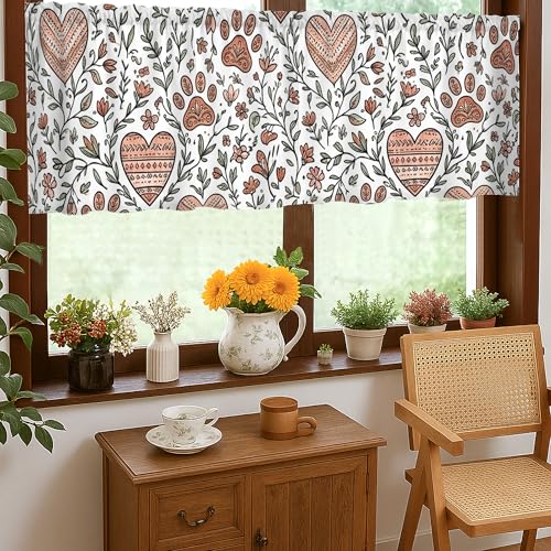 Rideaux de cuisine bohème rustiques avec motif cœur, fleur et feuilles, rouge automne, panneau simple pour fenêtre étroite, 45,7 x 132,1 cm