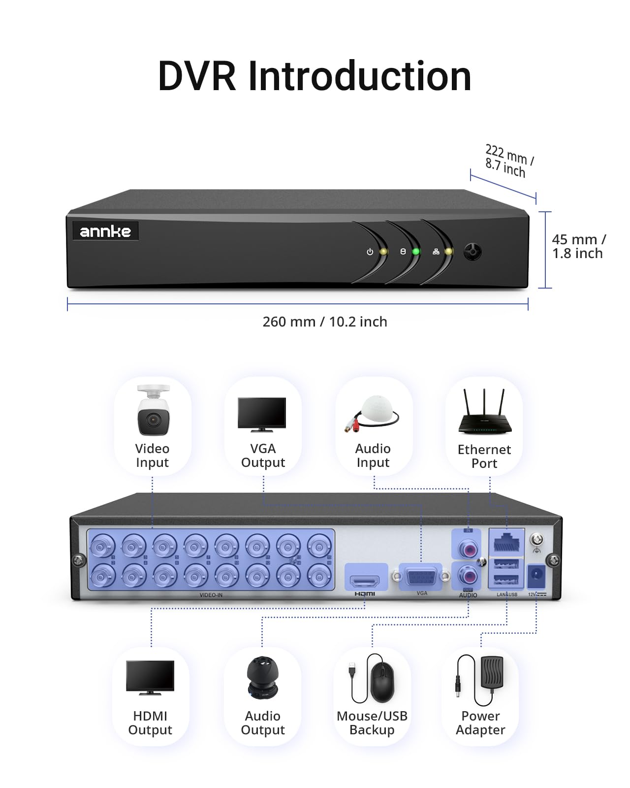 ANNKE DVR 16 canales 5MP CCTV Digital Video Recorder H.265 + HDMI DVR con disco duro de 2TB Vigilancia en tiempo real Sistema de seguridad para el hogar