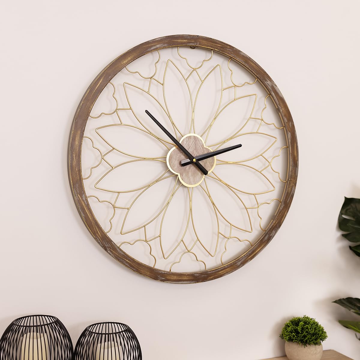 Charles Bentley Wall Clock 60cm Wood Effect Skeleton Round Indoor Outdoor