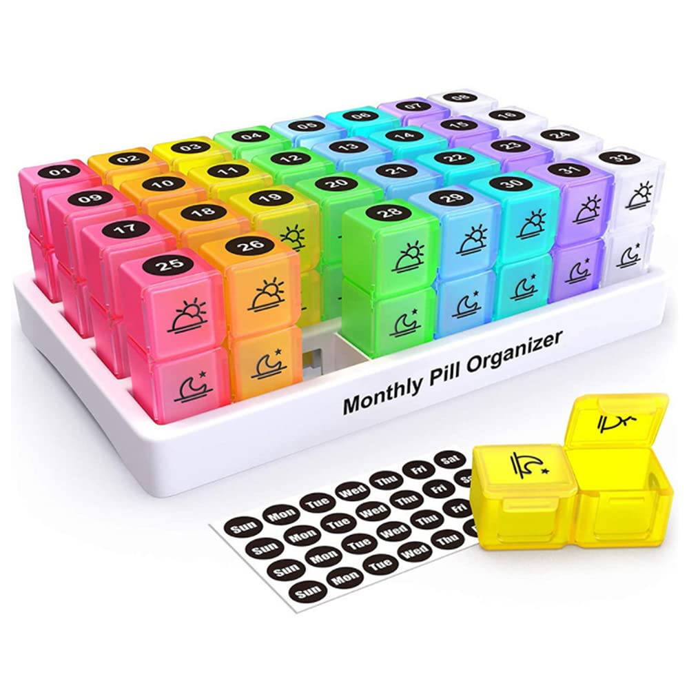 Exrp 30 Day Pill Organizer Monthly, Portable One Month Pill Box Cases with 32 Twice a Day AM PM Compartments for Vitamins, Fish Oil, Supplements and Medications