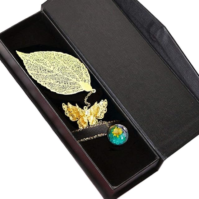HGDGears Metal Leaf Bookmarks,with 3D Butterfly and Beaded Flower,Reader Gifts for Teachers Womens,Christmas Thanksgiving(Gold Leaves, Blue Pendants)