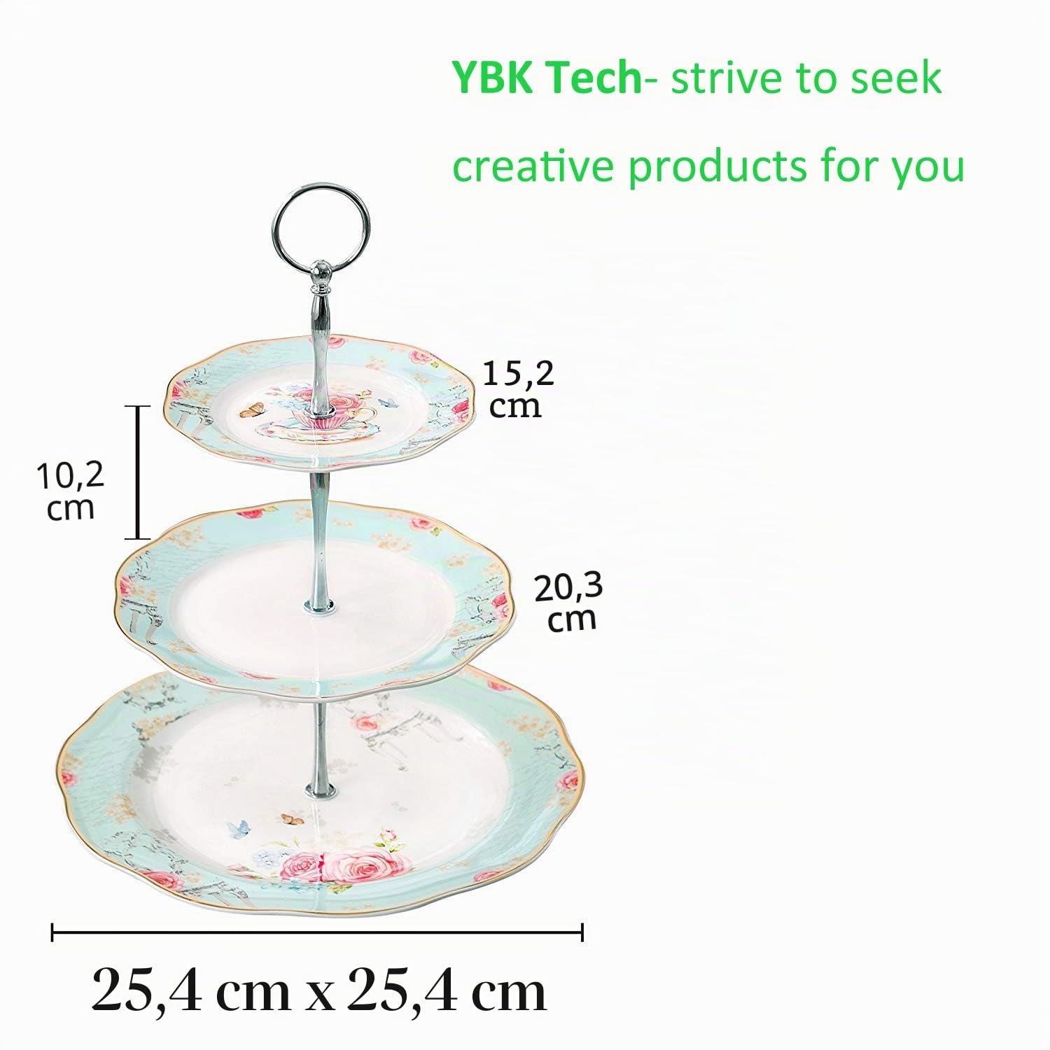 YBK Tech Présentoir à gâteaux vintage à 3 étages en porcelaine Bleu clair