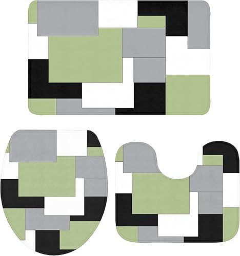 Miniatura 4 de Bathroom Rugs Sets 3 Piece Bath Mat,Green Black Gray Color Block Soft Non-Slip Bath Rug Set,Absorbent Shower Rugs Toilet Seat Cover U-Shaped Toilet