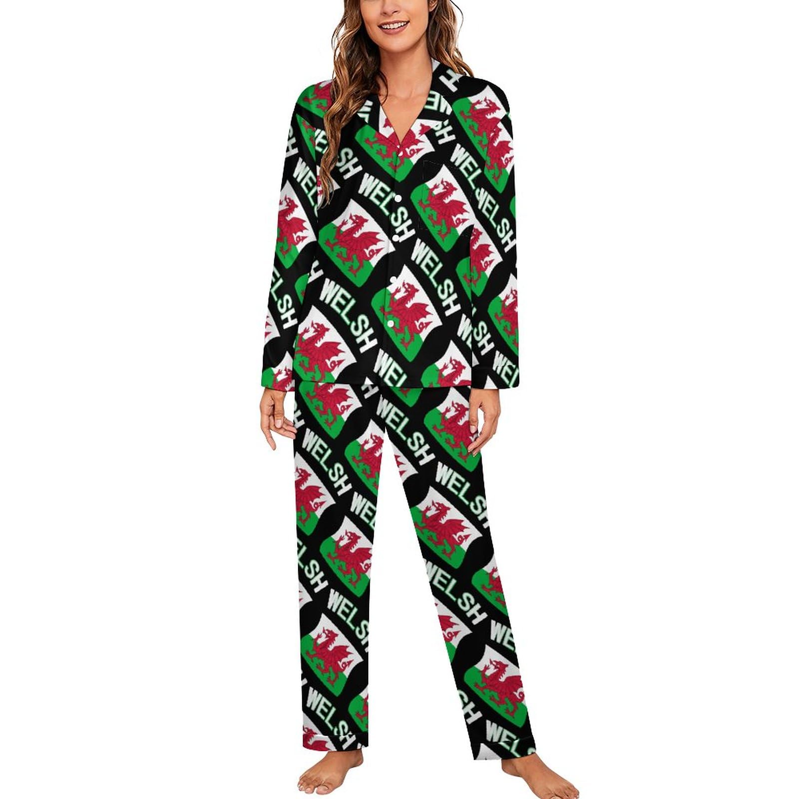 Women's Black Welsh Flag Pyjamas Set Long Sleeve Pjs Sets Pajama Sets Sleepwear Loungewear Xl