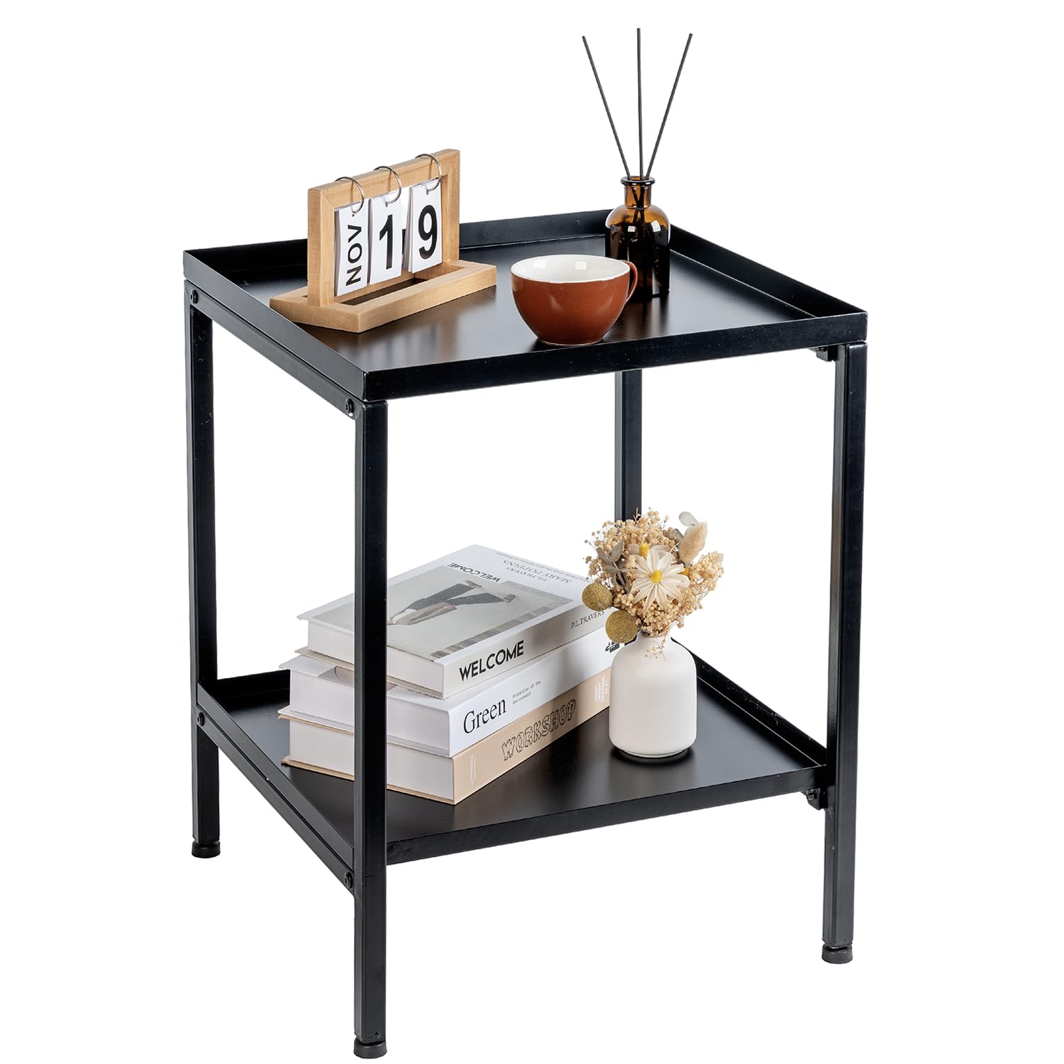 MyGift Modern Matte Black Metal Square Side Tray Table, 2 Shelf Decorative End Table, Nightstand, Bedside Table