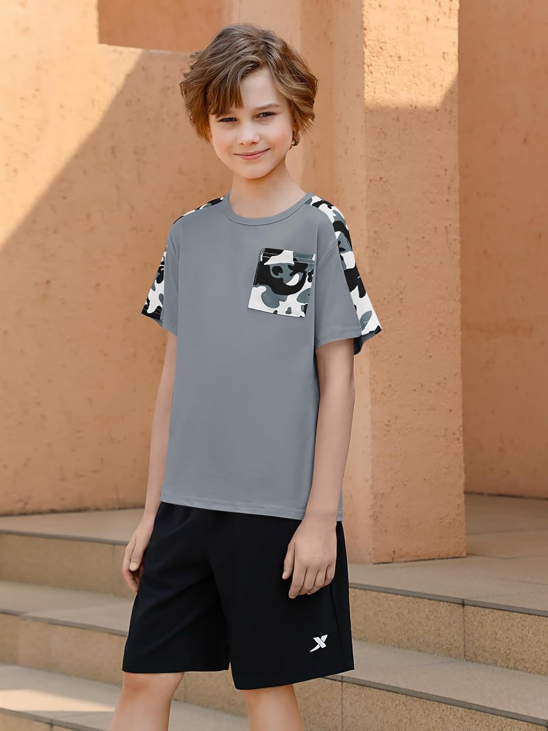 Haloumoning Boys Short Sleeve Shirts Kids Summer Colorblock Crewneck T-Shirts Casual Tops Tees with Pocket 5-14 Years - Image 3