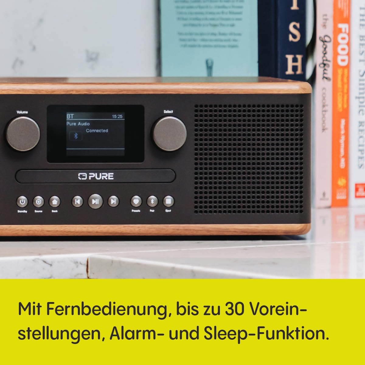 Pure Classic C-D6 CD-Player mit DAB+ Digitalradio & UKW, Bluetooth 5.3 Stereoanlage 2x15W, USB & AUX, 2,4 Zoll TFT-Farbdisplay, Fernbedienung, Kaffeeschwarz/Walnuss