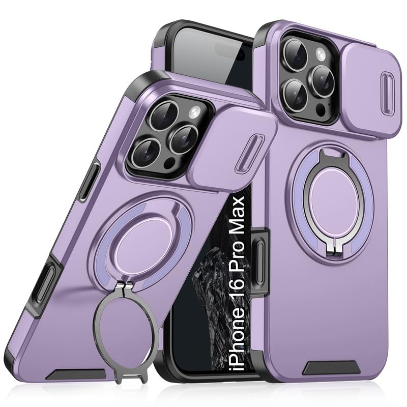 Image of LuxuryKase Shockproof Rugged Case for iPhone 16 Pro Max | Slide Camera Cover | 360 Rotating Ring Kickstand | Military-Grade Protection - Lavender Purple