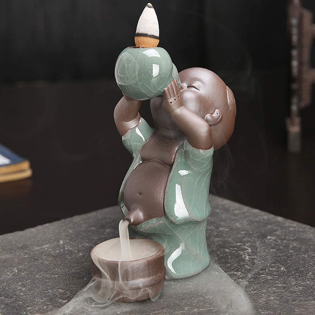 Fuentes de Incienso,Yoga Quemador De Incienso Torre De Reflujo Conos Palos Soporte Cerámica Porcelana Buda Monje Muebles Creativos para La Oficina Y El Hogar Zen