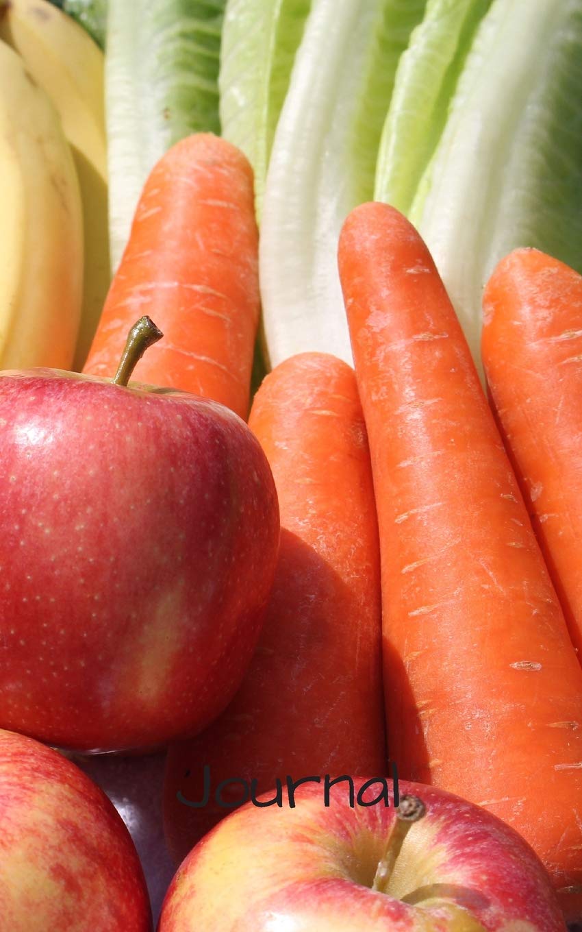 Journal: 5x 8 126 page lined soft covered journal, notebook, diary with apples, grapes bananas and other stuff on a matte cover