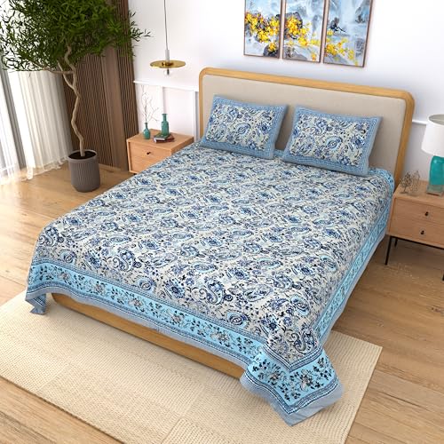 Image of India 100% Pure Cotton Jaipuri Printed Double Bedsheet with 2 Pillow Covers | Traditional Sanganeri Floral Design | Soft Breathable Fabric | King Size Bedsheet for Bedroom (Kaya43)