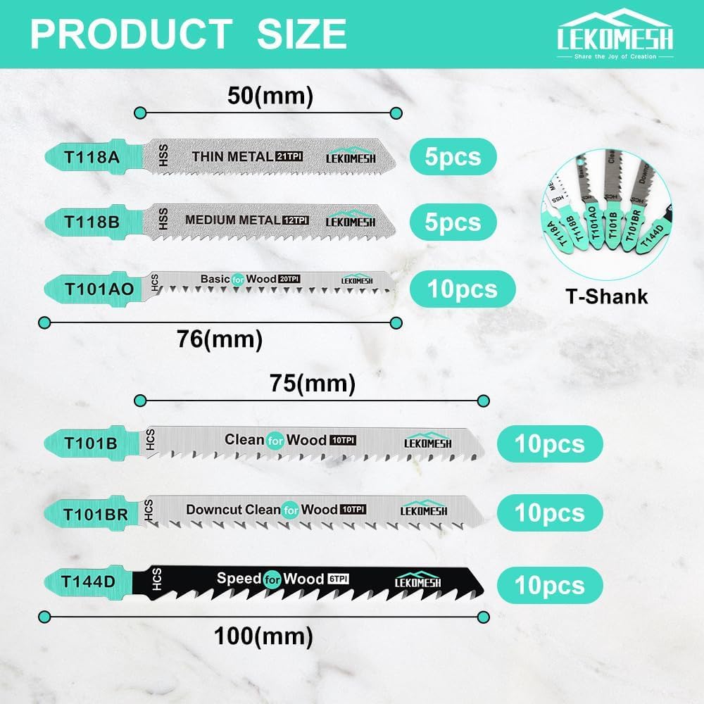 Lames de Scie Sauteuse à Tige en T 50 Pièces, Fabriquées en HCS/HSS, avec Étui de Rangement pour Coupe de Bois, Plastique et Métal