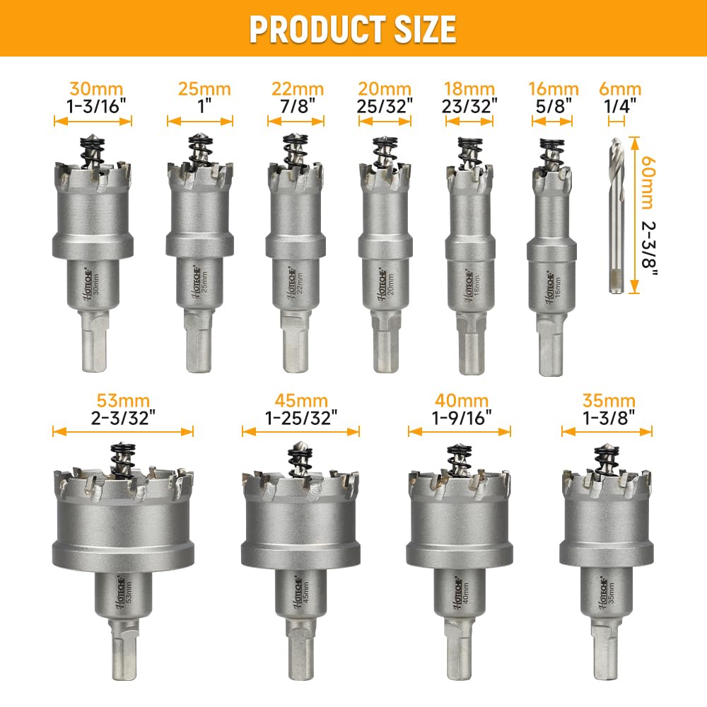 Hoteche Juego de brocas de carburo de tungsteno para sierra perforadora, 10 piezas, 16-53 mm, para sierra perforadora de carburo TCT, para acero inoxidable, hierro, aluminio, madera