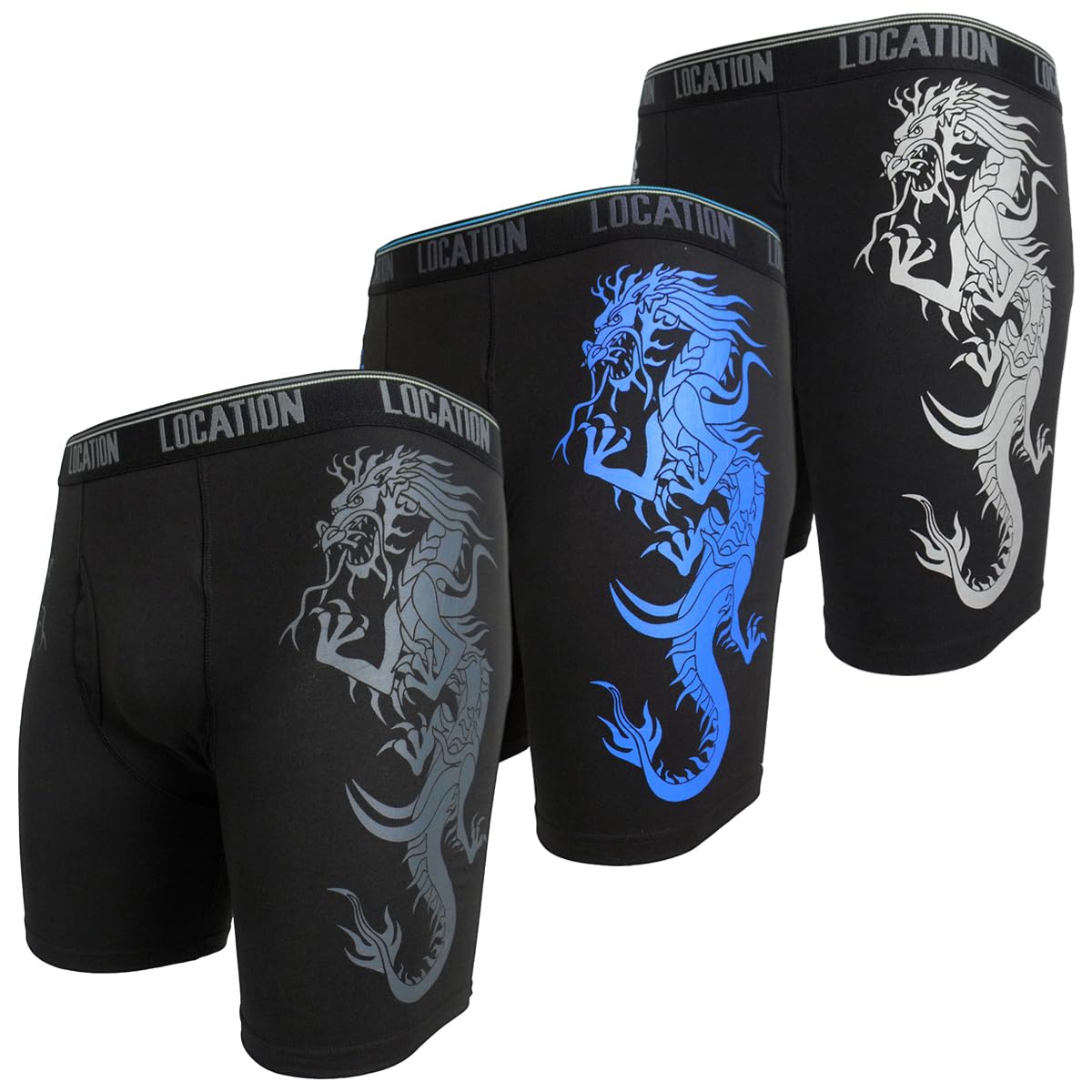 Mens Location Boxers 3 Pack Sports Longer Leg Trunks Boxer Shorts Adults Dragon Print Underwear (Challenger 4, 3XL)