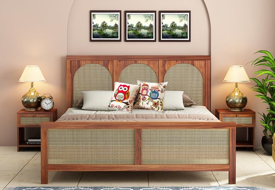 Image of Solid Sheesham Wood Poster King Size Poster Honeymoon Bed Without Storage with Designer Piller and Cane Crafting