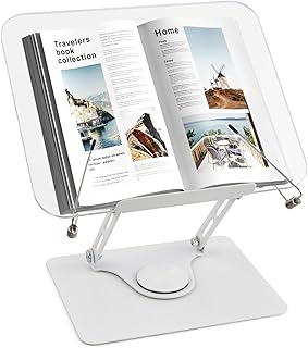 Soporte para Libros de Lectura, Acrílico Soporte de Mesa para Libros de Cocina con Base Giratoria de 360° y Clips, 4,4-39 cm Ajustable Reposa Libros, Plegable Atril de Mesa para Recetas Tablet
