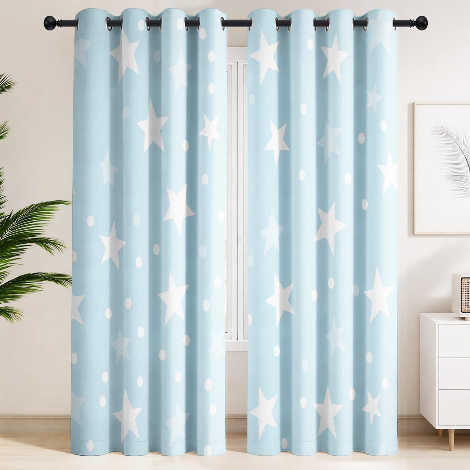 Rideaux occultants bleu ciel à étoiles blanches 117x183 cm pour chambre enfant