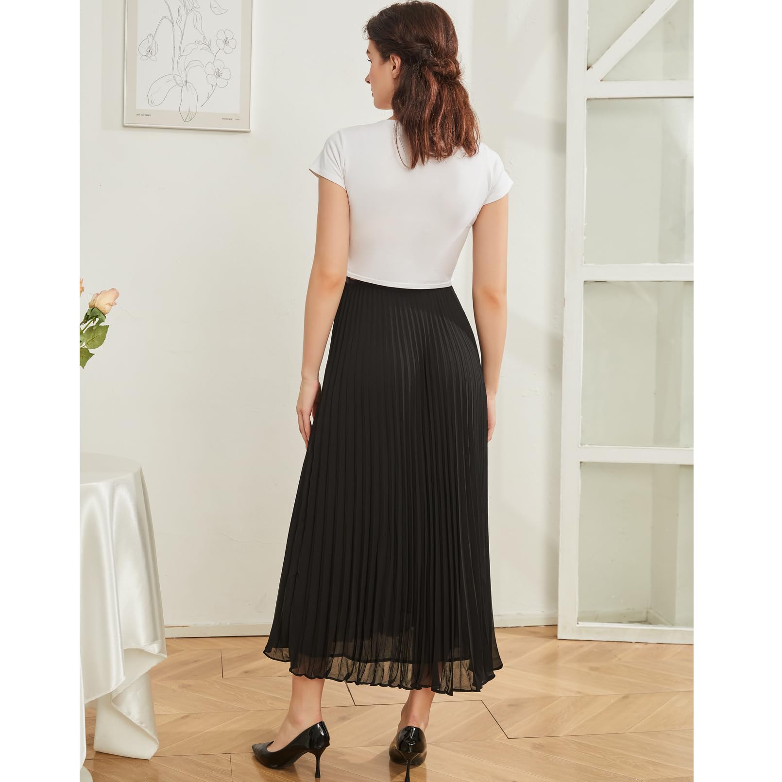 COLOMI Jupes longues pour femmes d'été de maternité, taille haute élastique, jupe plissée en mousseline de soie, jupe trapèze longue trapèze