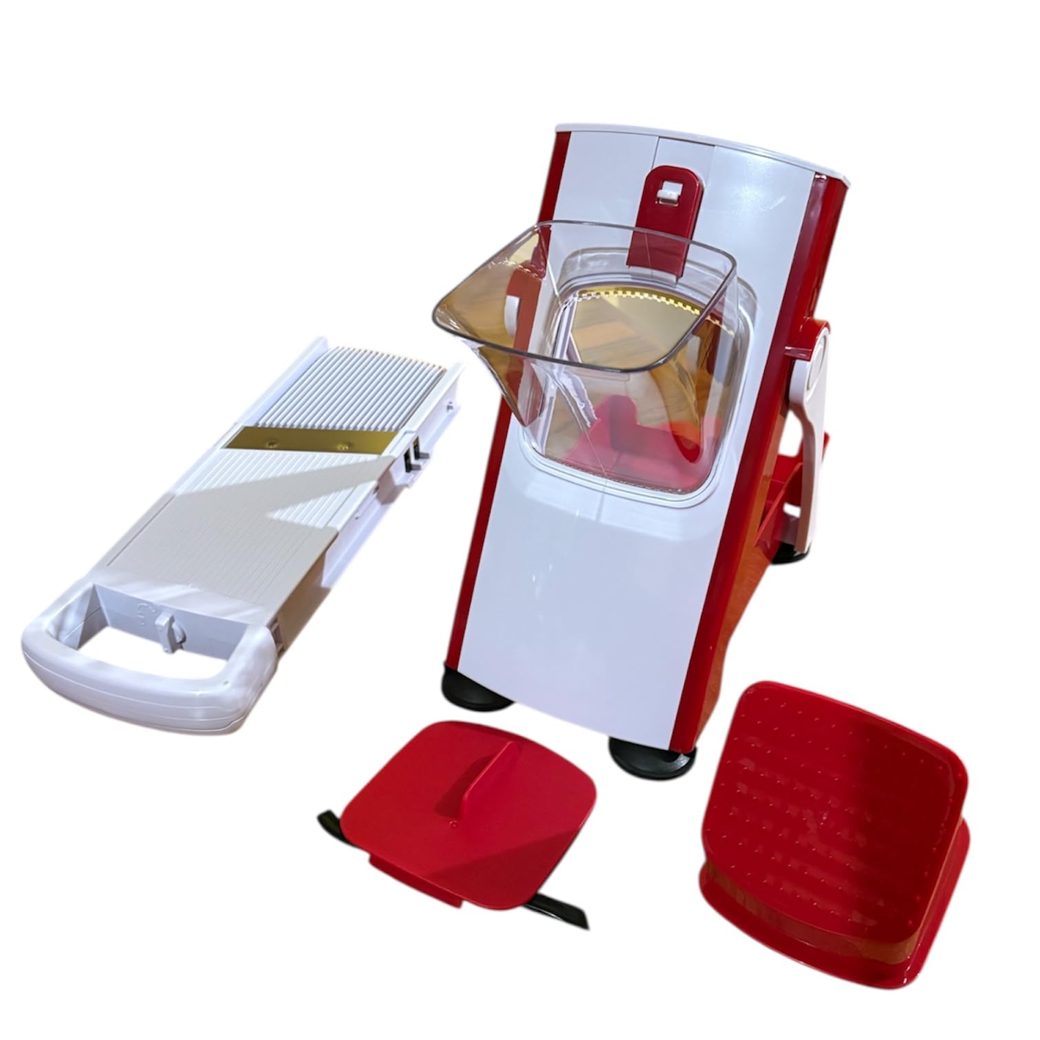 Affettatrice Verticale Professionale, Slycer per Salumi Formaggi e Carni, Rosso e Bianco, con Lama in Acciaio, Manico Estraibile, Base Stabile Antiscivolo