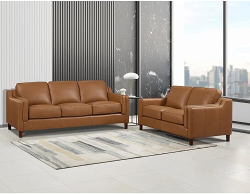 Hydeline Bella - Juego de sofá y sofá biplaza de cuero de grano superior, coñac, plumón, espuma viscoelástica y asientos de resortes