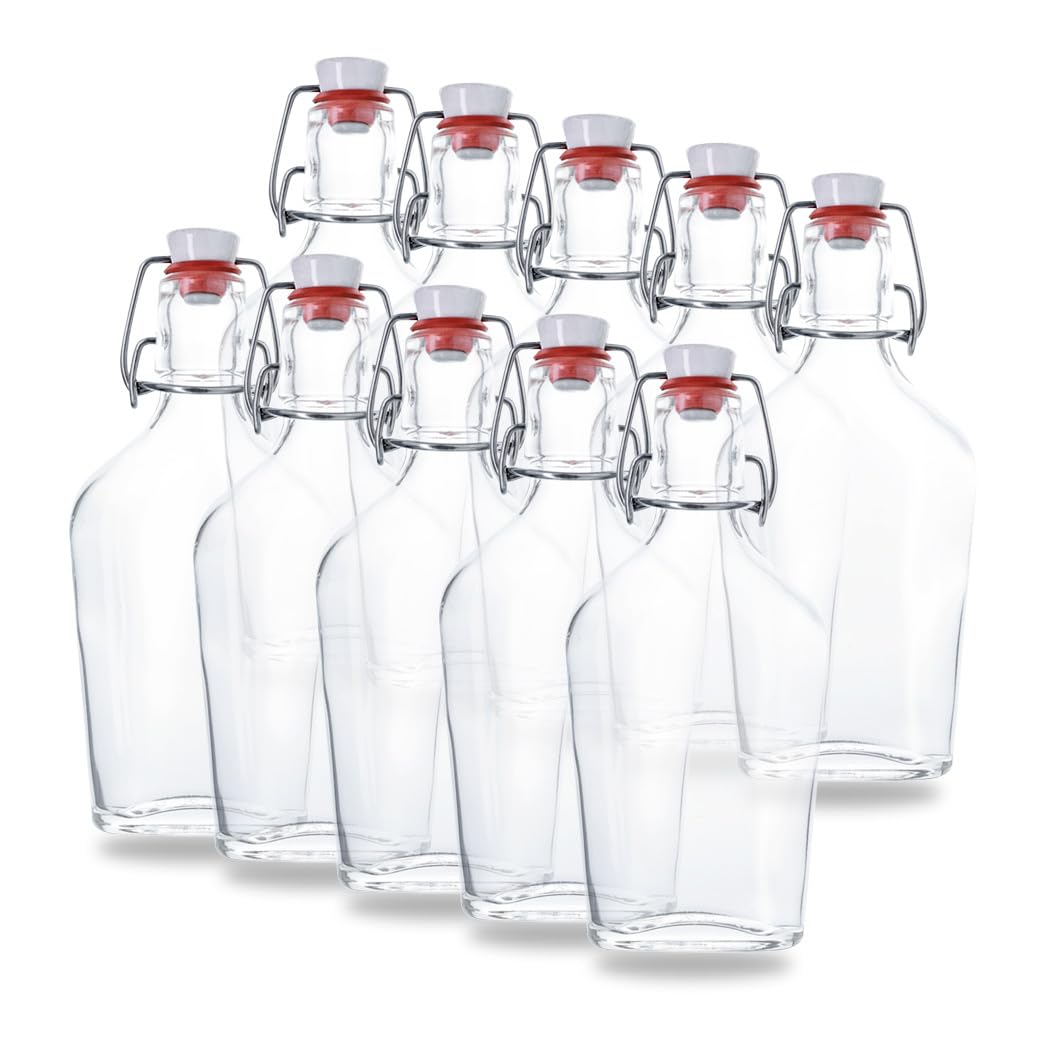 Flaschenbauer - 10x Glasflaschen 200ml mit Bügelverschluss - Kleine Glasflaschen zum Befüllen, Likörflaschen, Schnapsflaschen, Taschenflaschen, Essig- & Ölflaschen, Deko-Glasflaschen