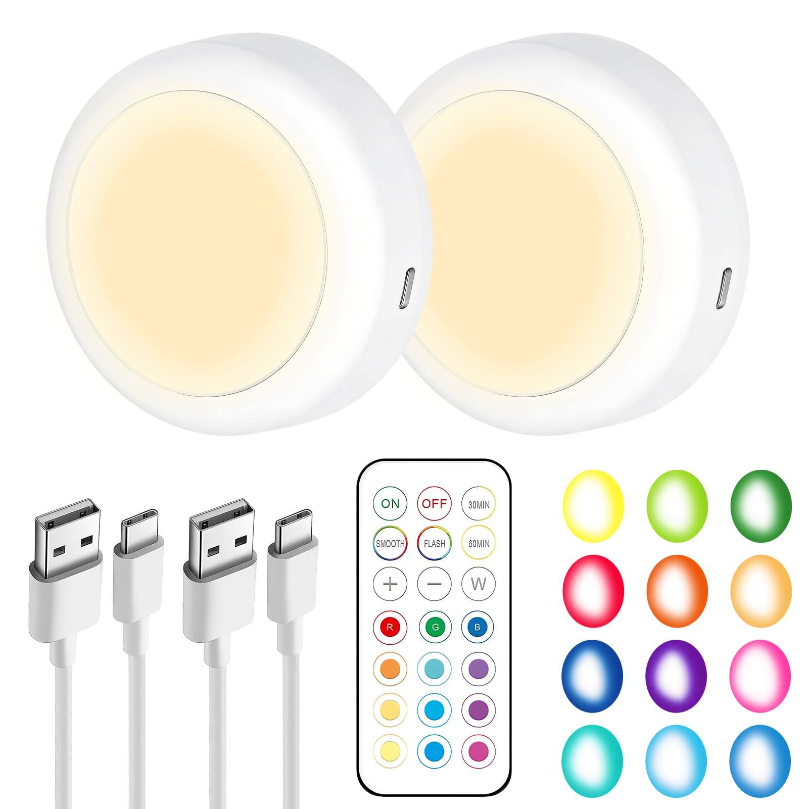 SureFly Rechargeable LED Puck Lights with Remote, 13 Color RGB Push Lights, Dimmable Stick On LED Lights for Kitchen Cabinets, Wardrobe Shelves, Wireless Shelf Lights, 2 Pack