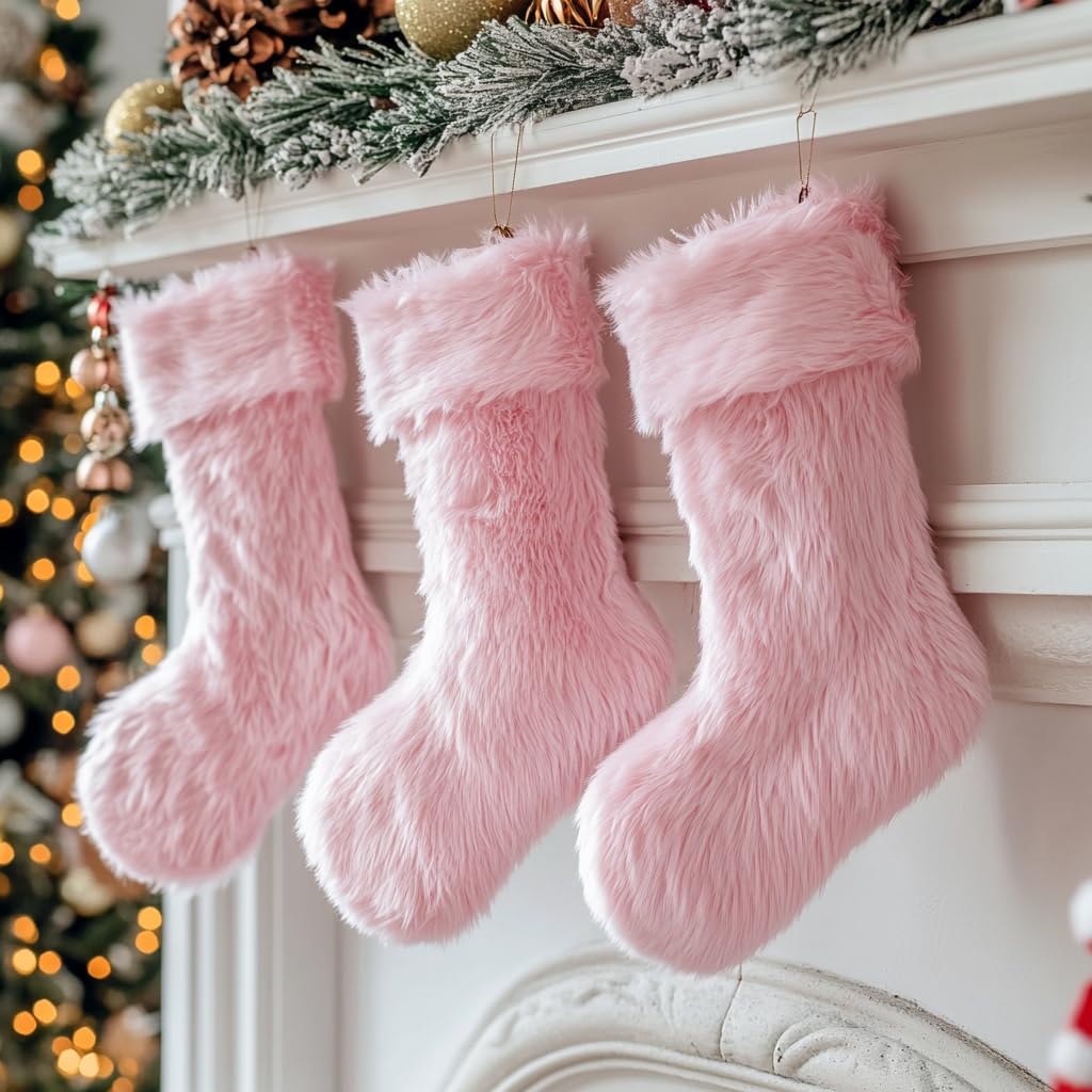 Chaussettes Noël AOGU Fausse Fourrure Paillettes - Lot De 3 Rose 48cm