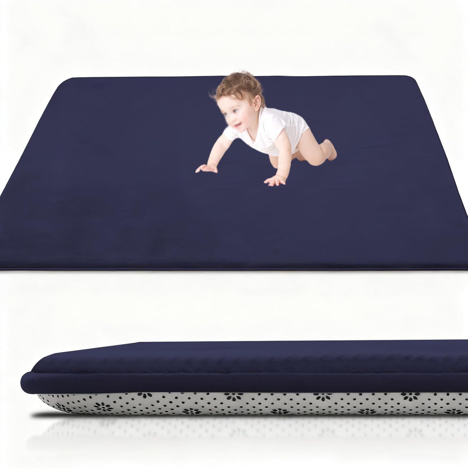XUEGAIXIA Coral Velvet Baby Play Mat, 2CM Thick Baby Crawling Mat 160 x 250 cm Dark Blue Nursery Rug for Crawling & Playing for Bedroom, Kids Room, Playmat Non-slip Nursery Babies Mats for Floor Play