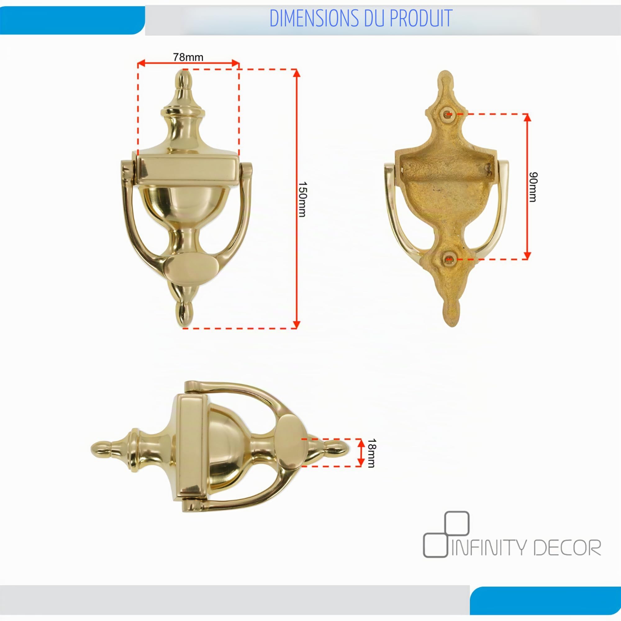 Infinity Decor Heurtoir de porte de style victorien en laiton massif de 15,2 cm en forme d'urne avec finition en laiton poli – Heurtoir de porte à main de qualité supérieure pour meubles de porte