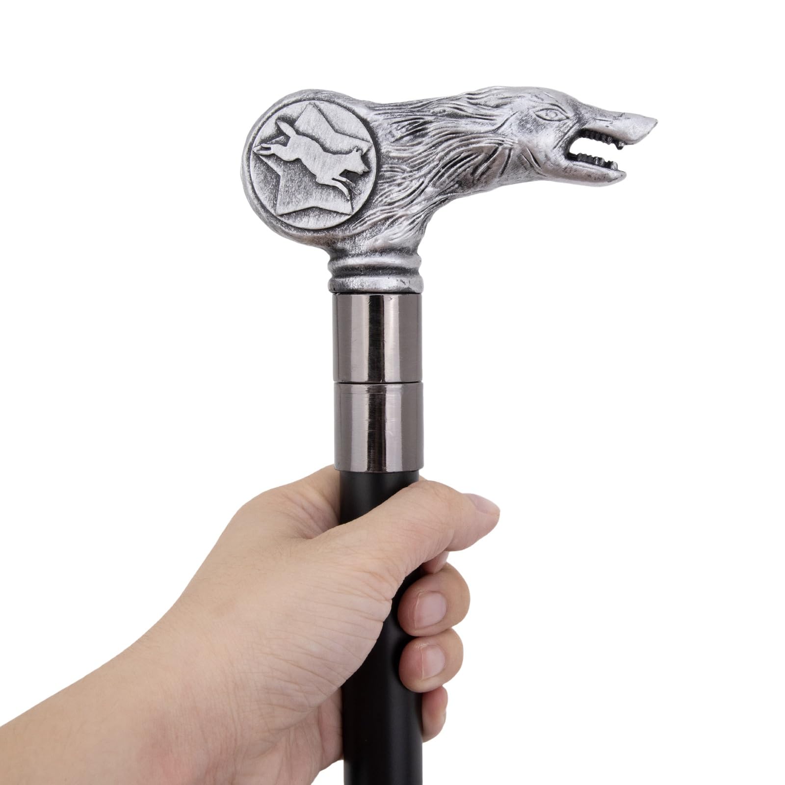 Bastone da Passeggio Decorativo Alla Moda con Impugnatura a Testa di Lupo | Pieghevole, impugnatura confortevole, impugnatura ergonomica, durevole, leggero, puntale in gomma antiscivolo, argento