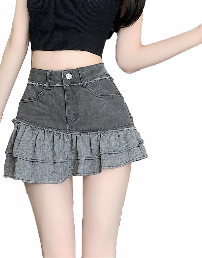 Gonna corta in denim a vita alta versatile con frange divisa irregolare da donna