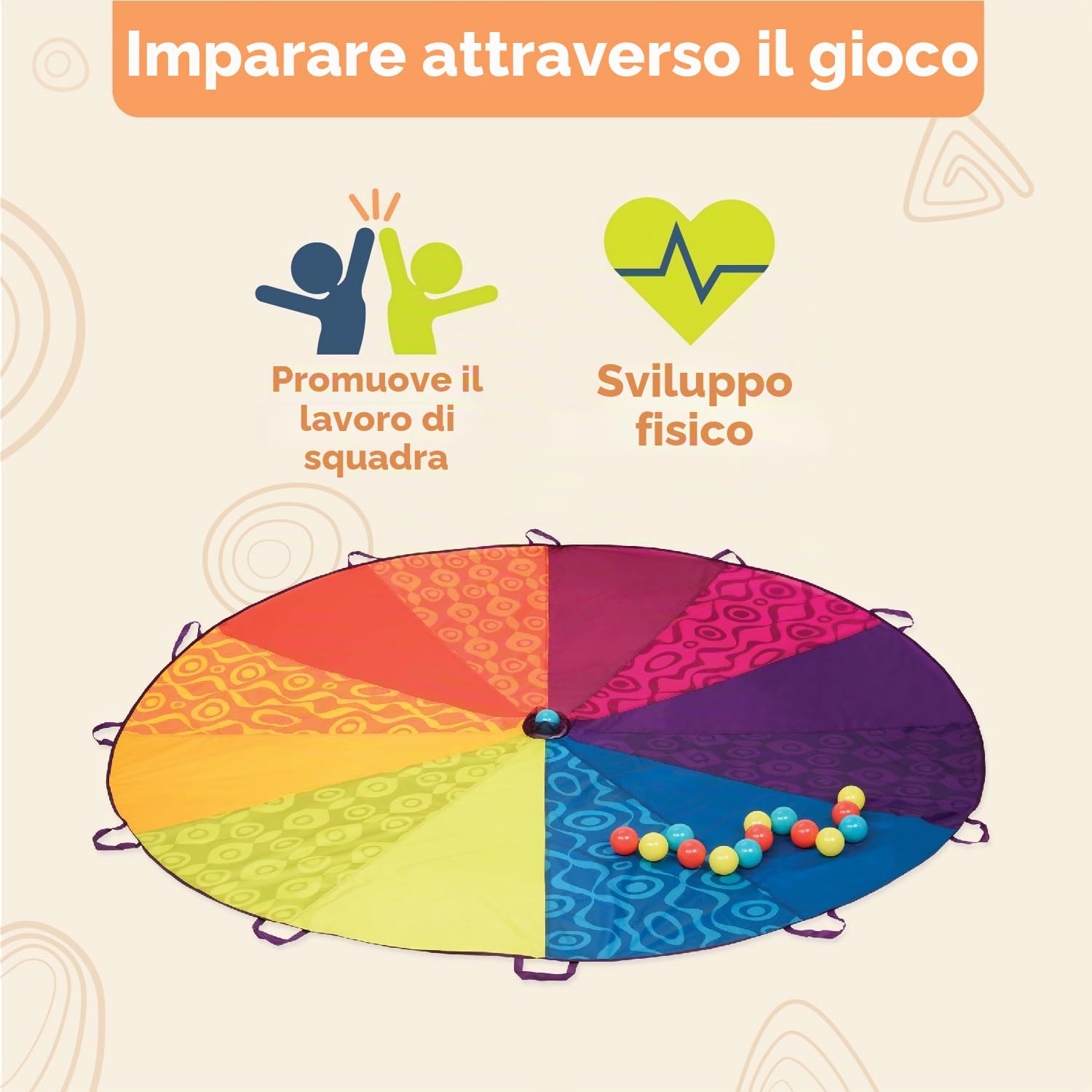 B. toys - Paracadute per Bambini - Giocare a Paracadute con 15 Palline Colorate - Tenda a Vento con 12 Maniglie - Giochi all'aperto per Bambini - 3 Anni +