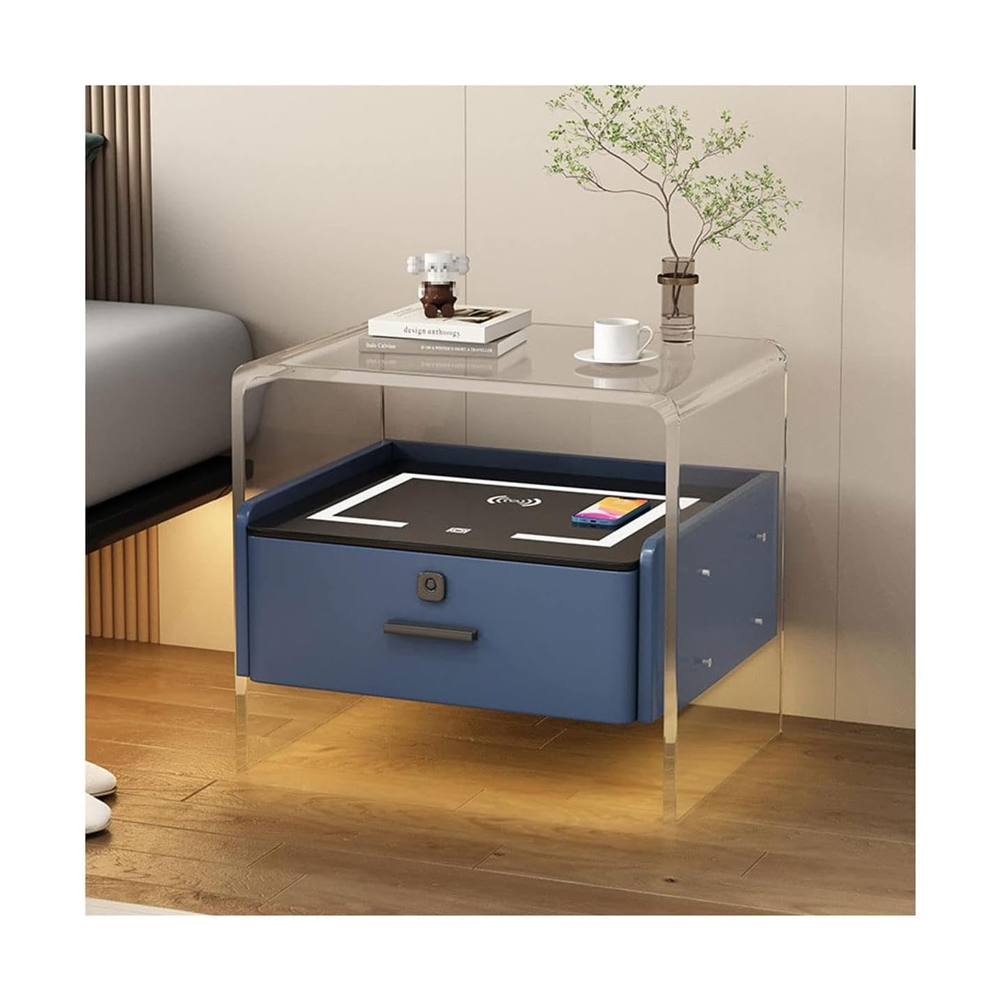 BHGFYXBS Smart Nightstand Acrylic End Table Wireless Charging Bedside Table Led Fingerprint Lock Drawer Leather Bedside Cabinet,Pink,Blue,Blue