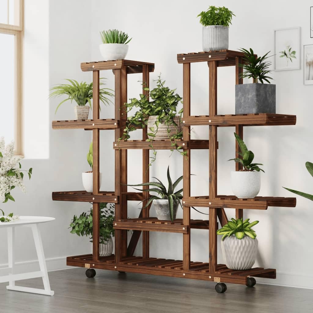 Blumenständer mit Rollen 110x25x115 cm, Pflanzenregal aus Massivholz Tanne für Wohnzimmer und Balkon, Mehrstöckiges Blumenregal Pflanzentreppe Karbonisiert
