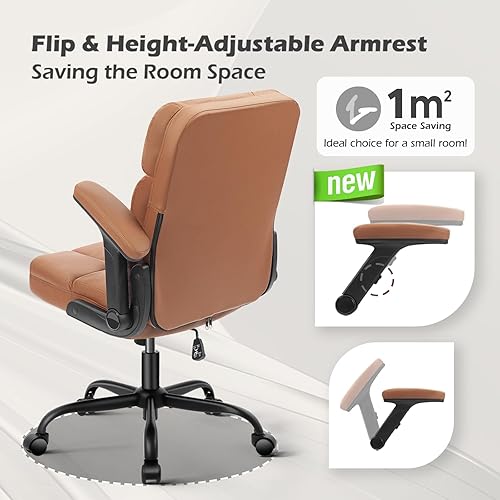 Miniatura 7 de SEATZONE Executive Office Chair Small PU Leather Desk Chair with Wheels,Ergonomic Computer Swivel Rolling Task Chair with Back Support,Brown