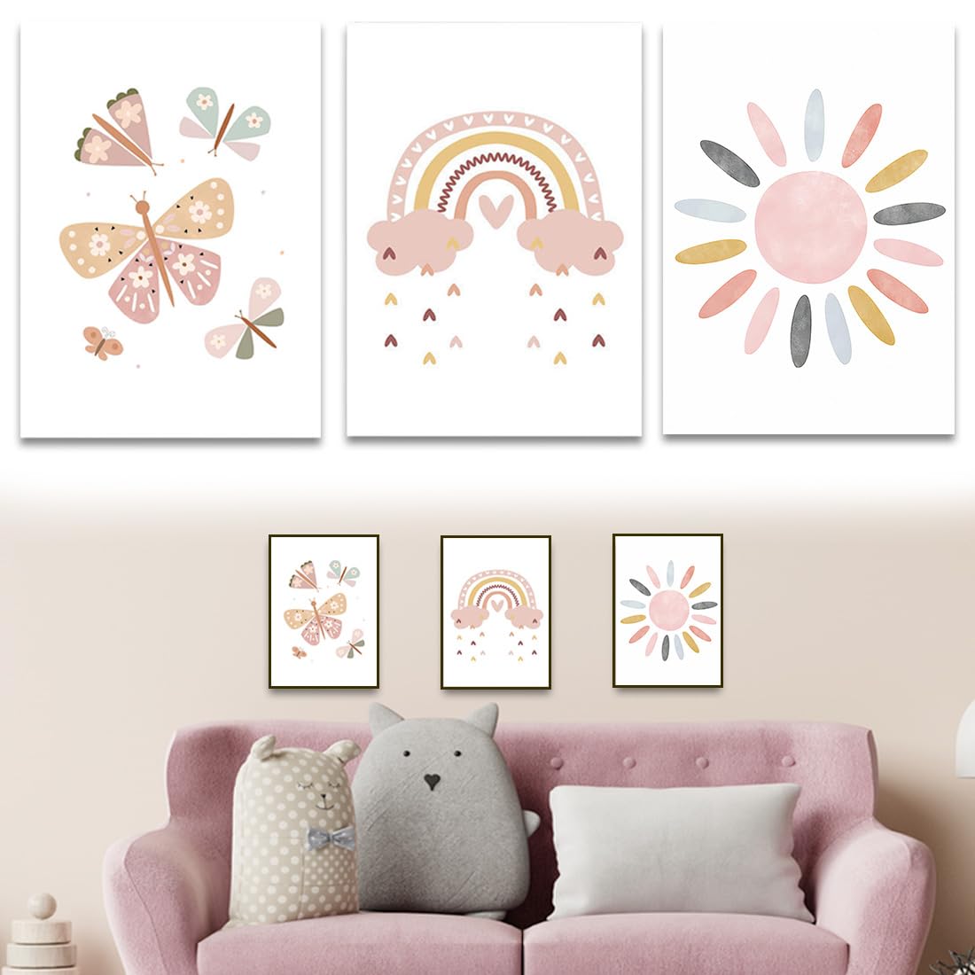 AUEFUDQ Juego de 3 pósteres para habitación infantil,decoración de pared,Laminas Decorativas,arcoiris, sol, nubes Cuadros de Niña para Habitación Infantil, A4(sin Marco)