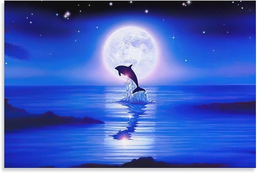 Amazon.co.jp: 青い海 クリスチャン・ラッセン 海の眺め イルカ 月光